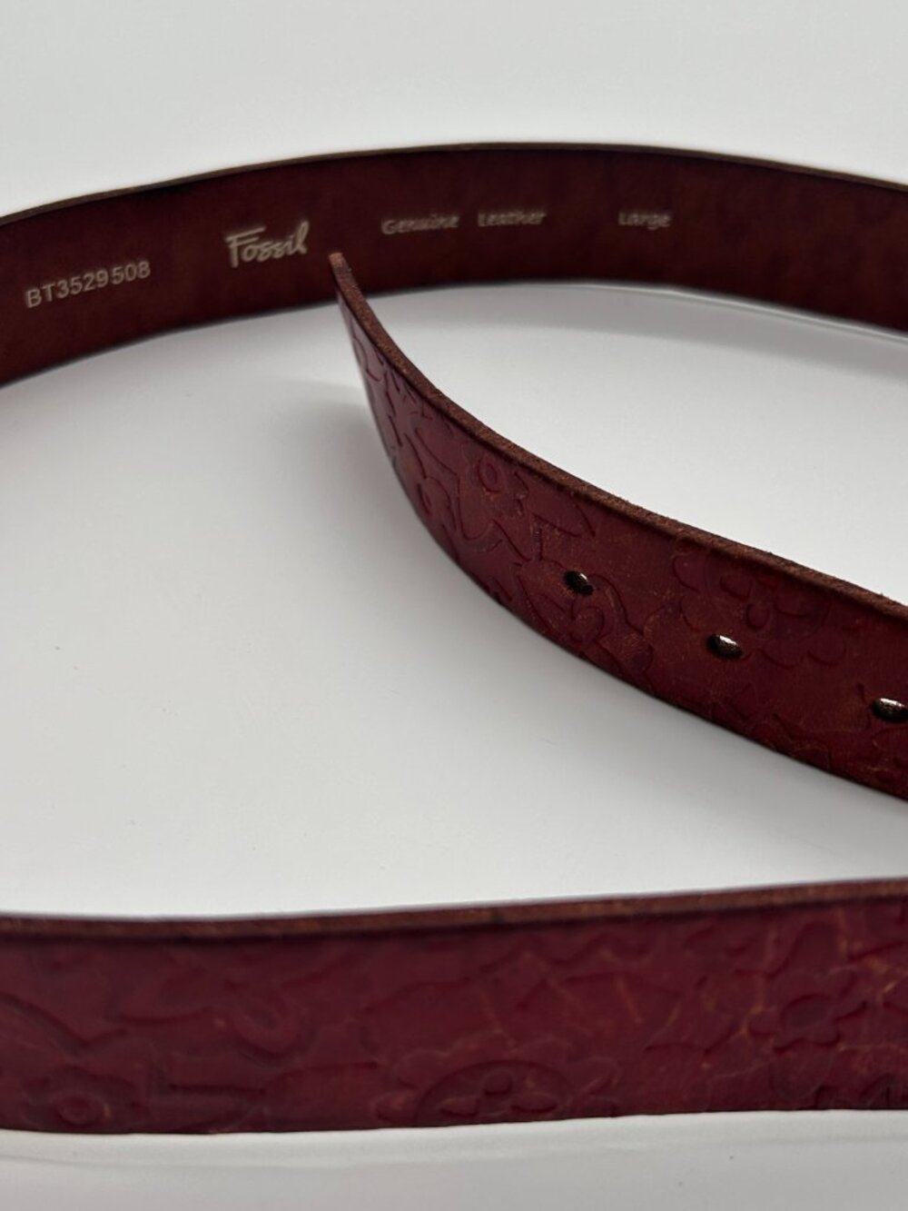 Fossil Belt Brown Genuine Leather Women's Size L Embossed Floral - Picture 4 of 9